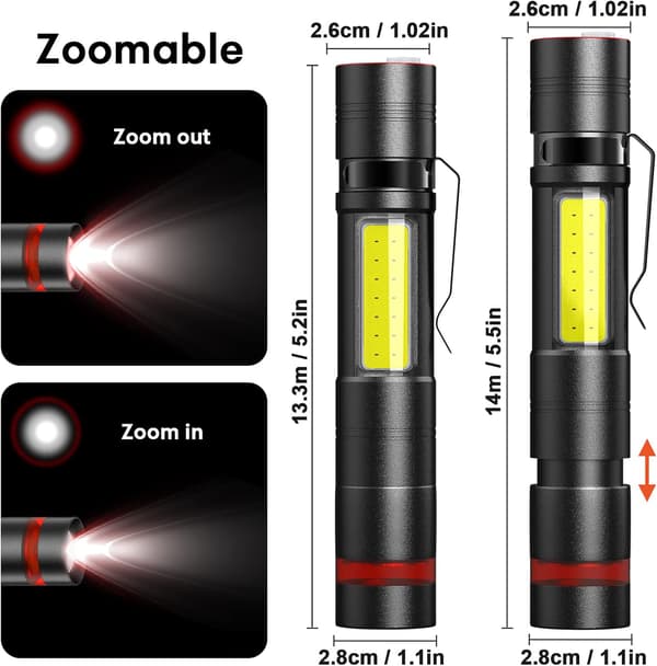 Mini LED-taskulamppu 2 kpl, teräksinen klipsi & COB pienet taskulamput, ZQKLA