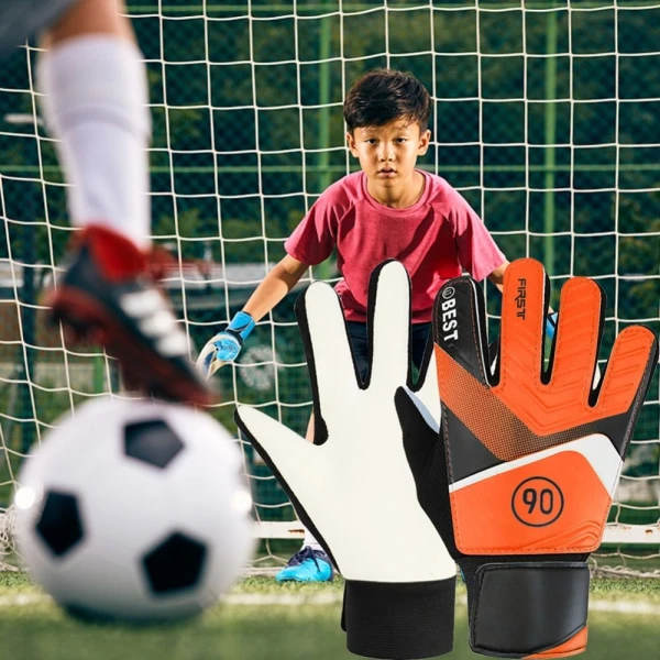 1 par børne fodboldmålmandshandsker Anti-kollisions latex PU fodbold håndbeskyttelseshandsker Orange 5 HA