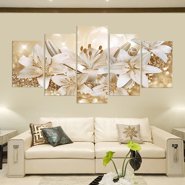 （Gyllene）5 Paneler Kärleksblommor Canvas Väggkärnmålning, ZQKLA