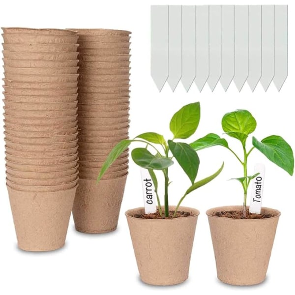 50-pack 8 cm Biologiskt Nedbrytbara Fiberplantkrukor, Plantkrukor, Plantor