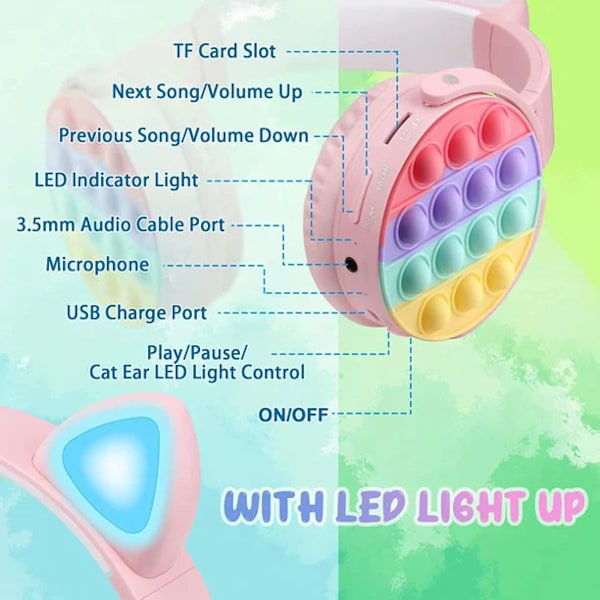 Kissan korvakuulokkeet Pop Fidget -leluilla, 5.0 Bluetooth -lasten langattomat kuulokkeet, melunvaimennuskuulokkeet lapsille - Pinkki