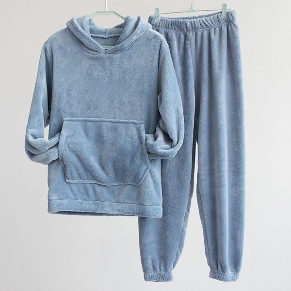 Vinter Flanel Kvinders Pyjamas Sæt med Hætte - Mist Blå 80-130 kg