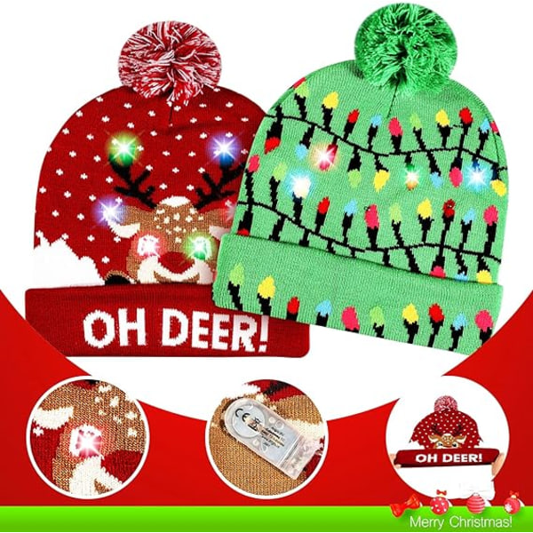 2-pack Jultomte LED-upplyst stickad mössa med färgglada lampor, ZQKLA
