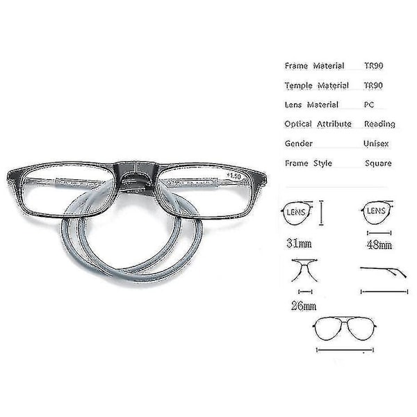 Lesebriller Høykvalitets TR Magnetisk Absorpsjon Hengende Nakke Lesebriller Grey 1.75 Magnification