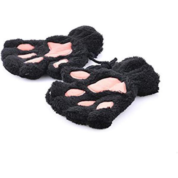 Vinter Katte Luffer Sorte Varme Plys Handsker med Halv Finger Vante