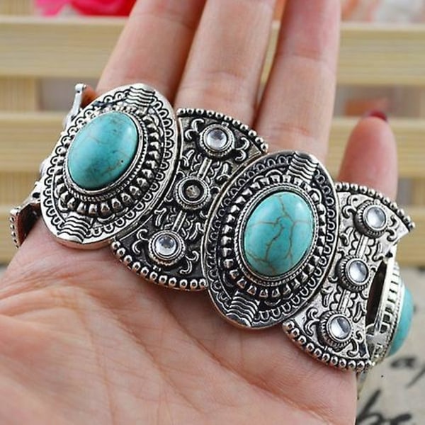 Fornnerg Retro Damklocka Oval Turkos Carvad Tibetansk Bangel Armband Boho Smycken