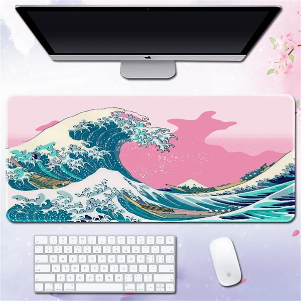 Gaming Mouse Mat Art Print Painting Hokusai The Great Wave Big Rectangle Non-Slip Rubber Mousepad Mouse Pad, 300*600*2MM