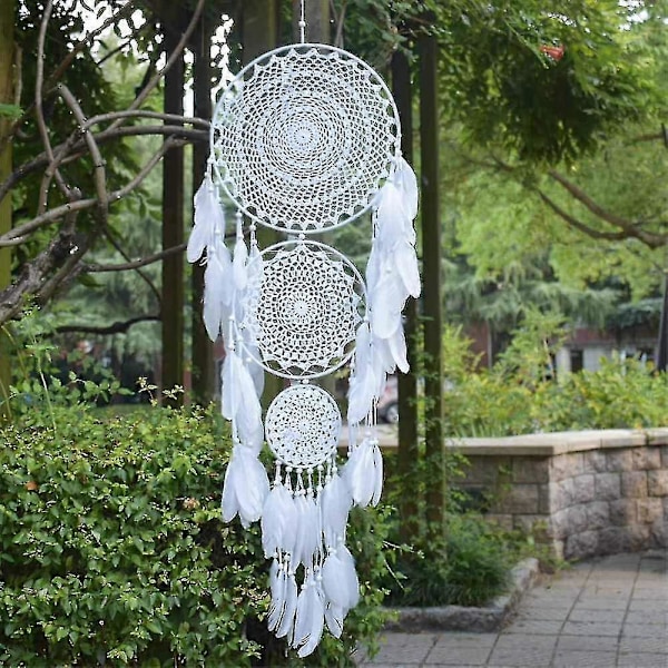 Stor Drømmefanger Hvid Macrame Fjer 35cm Cirkel 110cm Lang