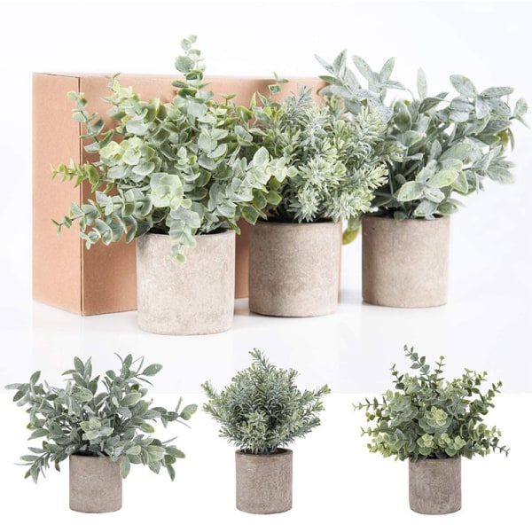 3 Pak Mini Pottede Kunstige Planter Kunstigt Plastik Eucalyptus, ZQKLA