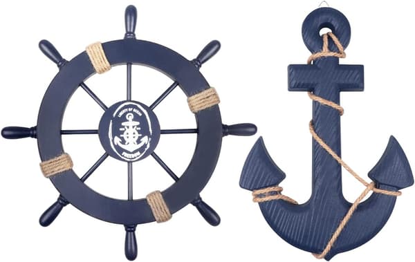 2-pack 28 cm Träbåtsratt och 33 cm Träankare med Rep Bo