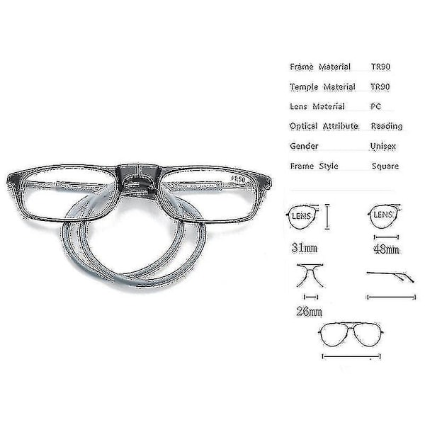 Lesebriller Høykvalitets TR Magnetisk Absorpsjon Hengende Nakke Lesebriller Black 3 Magnification