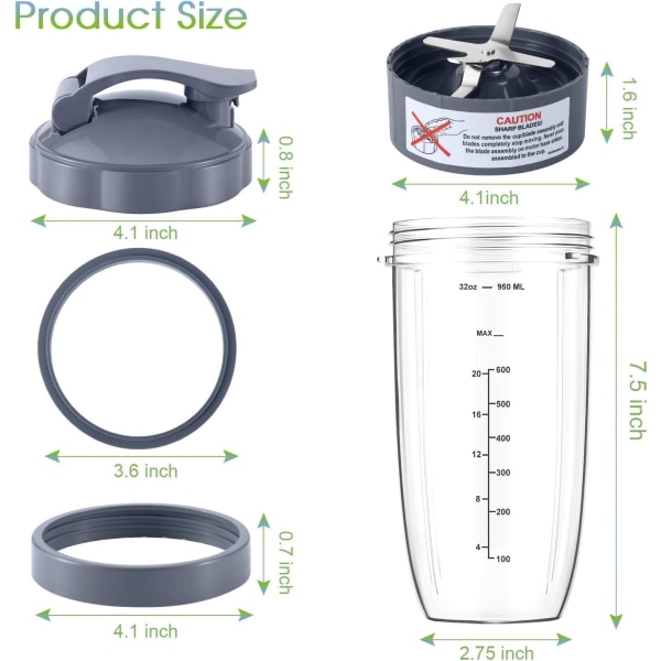 7-delad uppsättning med blandar-koppar och bladbyte, 32 oz stor kopp med