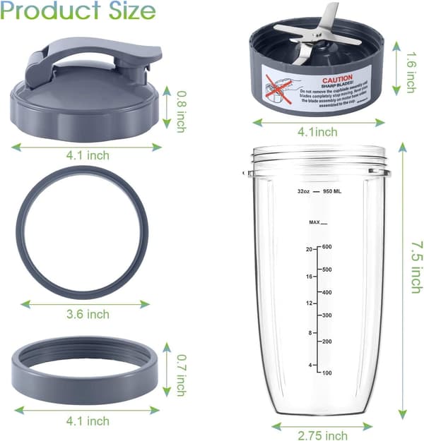 7 deler Blenderbeger & Bladutskiftningsssett 32oz Stor kopp med