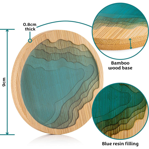 Coaster Drikkeunderlag Rund Ocean Bølge Epoxyharpiks og Bambus  -,ZQKLA