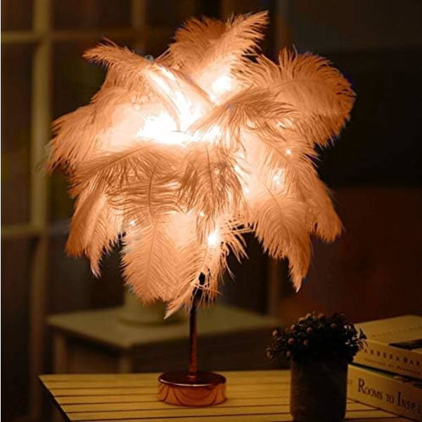 Bordlampe i strutsfjær med smidd jern nattlys LED Copp,ZQKLA