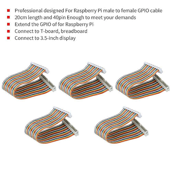 GPIO-bandkabeltillägg - 5-pack 20cm hane till hona 40-stift, kompatibel med Raspberry Pi