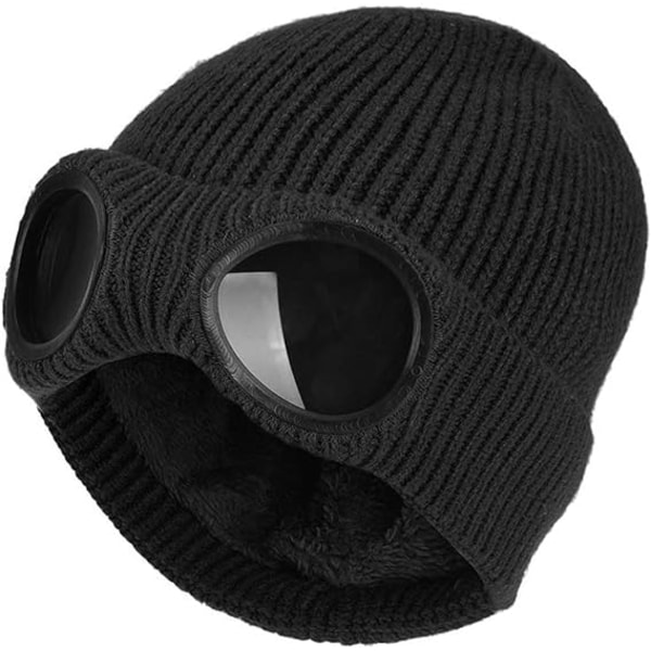 Unisex Goggle Beanie Strikket Vinter Chunky Beanie Hat, Svart, ZQKLA