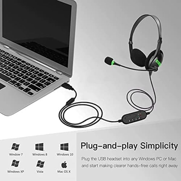 PC Headset med Mikrofon, Stereo Støjreducerende USB Headset Comp, ZQKLA