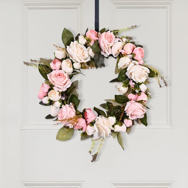 Forårskrans til dør Kunstig silke Pink Rose Krans til hoveddør