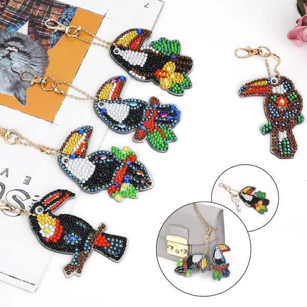 5 Stk. DIY 5D Fugle Diamantmaleri Nøglering, Rhinestone DIY D