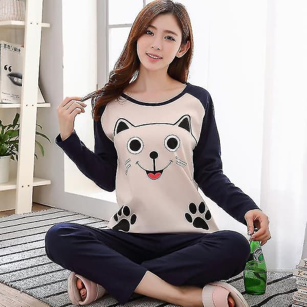 Dame Vinter Pyjamas Plus Størrelse Hjemmetøj Langærmet Smiley Kat Dame Pyjamasæt-L，2154 JAZY