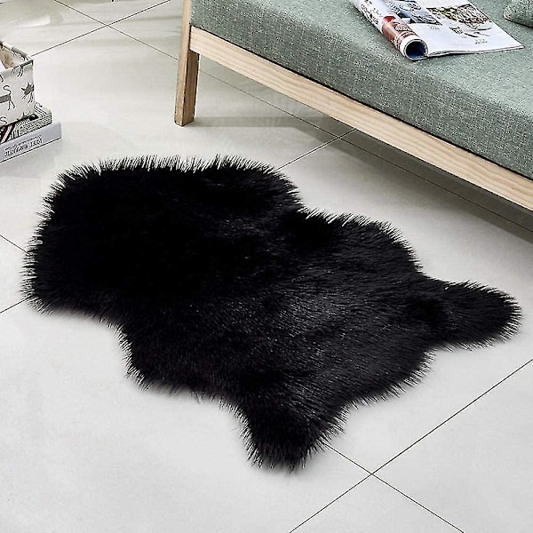 Fluffy Faux Fur Saueskinnteppe Stue Soverom Gulvteppe Tepper Hjemmeinnredning Svart