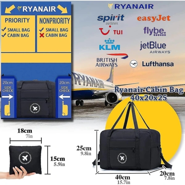 Kabinväska 40x20x25 cm for Ryanair Godkjent Størrelse Sammenleggbar Veske Reise Duffelveske under Setet Bagasjeholder-Xin