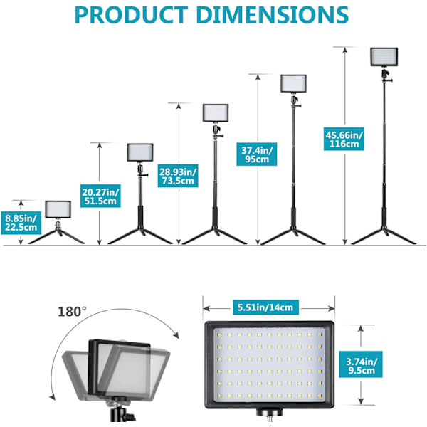 2 stk. dimbare 5600k USB LED videolamper med justerbart stativ, ZQKLA