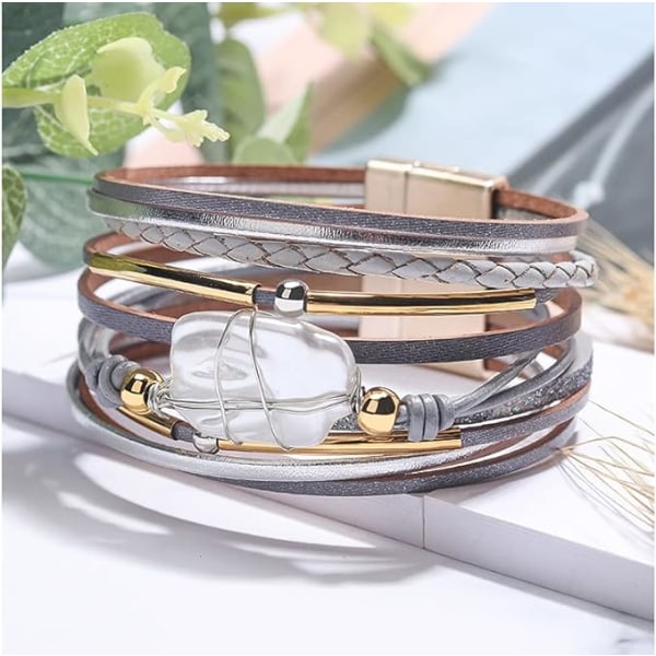 Leopard Armbånd for Kvinner, Boho Lær Wrap Multi-Layer Pe, ZQKLA
