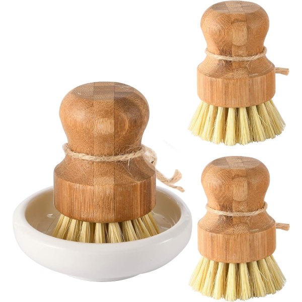 3 Pcs Bamboo Dish Scrub Brushes， Kitchen Wooden Cleaning Scr,ZQKLA