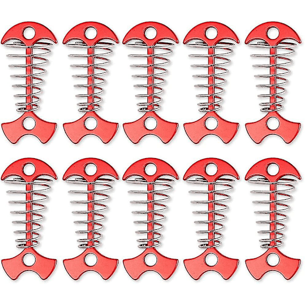 Däckplanka brädtältpinnar, fiskbensdäckankare med fjäderspänne för utomhuscamping vandring (10 st, röd)