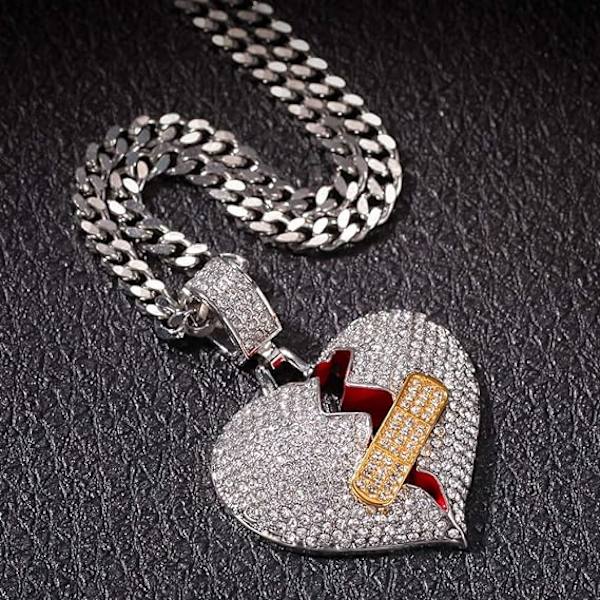Mænds Broken Heart Kædevedhæng, 18k Forgyldt Fuldt Iced, ZQKLA