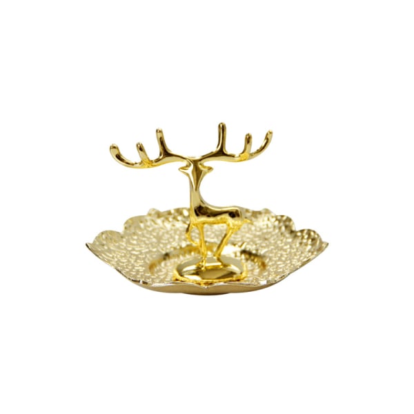 Guldfarvet smykkebakke i metal med ring til opbevaring af smykker på skrivebordet