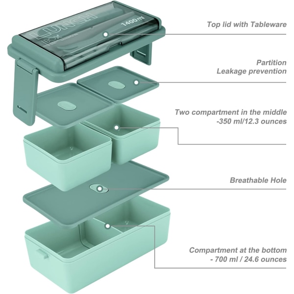 1400 ml Lunchbox med 3 fack - 2 Layer Bento Box wit, ZQKLA