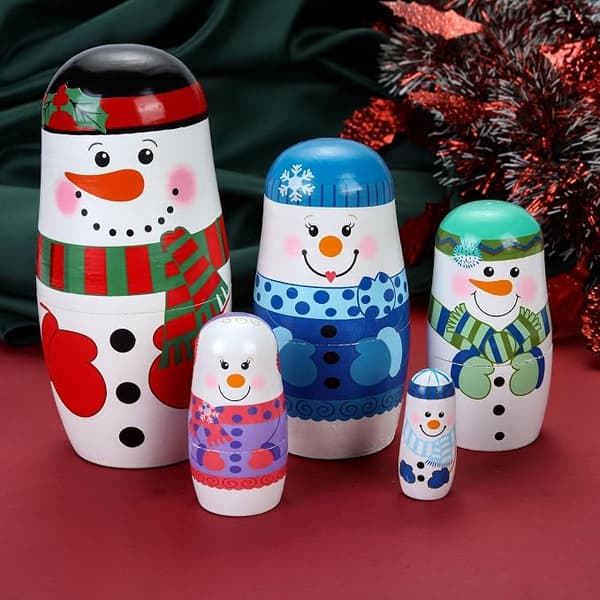 5 st Russian Nesting Dolls Handgjorda Trähäst Snögubbar, ZQKLA