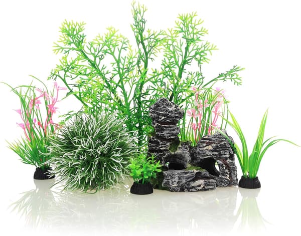Akvarium Fisketank Hvite Plastplanter og Hule Steindekorasjoner