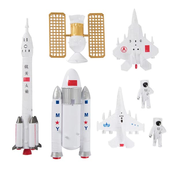 7-delt kakepyntsett - Raketter, romstasjon, fly, astronauter - Modellleker til bursdagskake