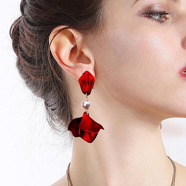 （Rød）Lange Akryl Rose Petal Øreringe Dangle Overdrevne Flo,ZQKLA