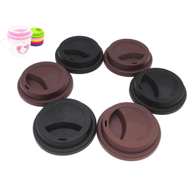 3 Sorte og 3 Kaffe Genanvendelige Lækagesikre Silikonelåg (6 stk., ZQKLA)