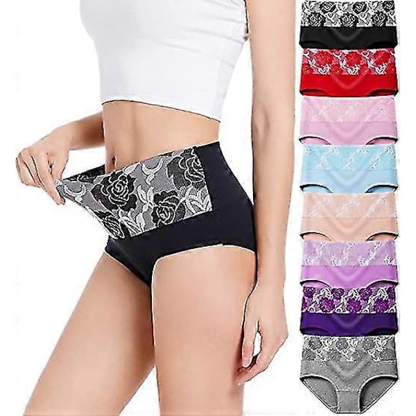 8-pack Bomullsunderkläder Hög Midja Magkontroll Trosor Dam Ros Jacquard Damtrosor mix colors-8pcs L