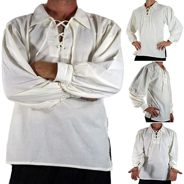 Hvit skjorte for menn i middelalderens renessanse-stil, med krage, lange ermer, snøring, ensfarget, løs passform, pullover (Svart, XL)