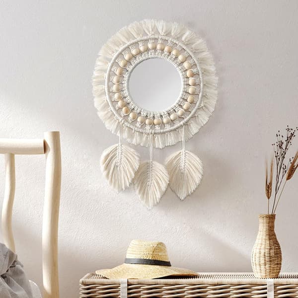 Boho Macrame Spegel med Fransar och Träpärlfjäderpenna, ZQKLA