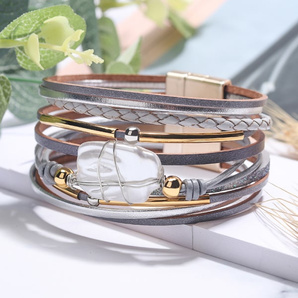 Leopard Armbånd for Kvinner, Boho Lær Wrap Multi-Layer Pe, ZQKLA