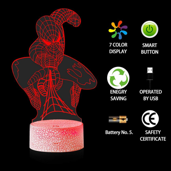 Spiderman 3D LED Illusions nattlys med 7 fargeendringer, ZQKLA
