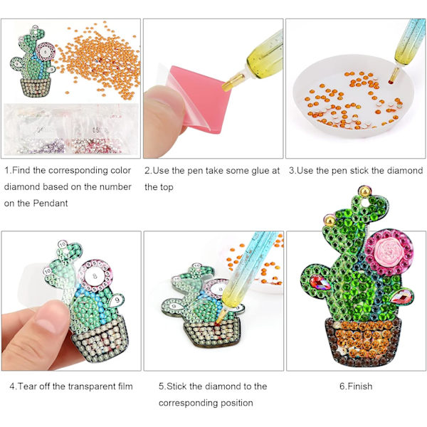 4 Stycken DIY 5D Kaktus Diamantmålning Nyckelringar, DIY Strass