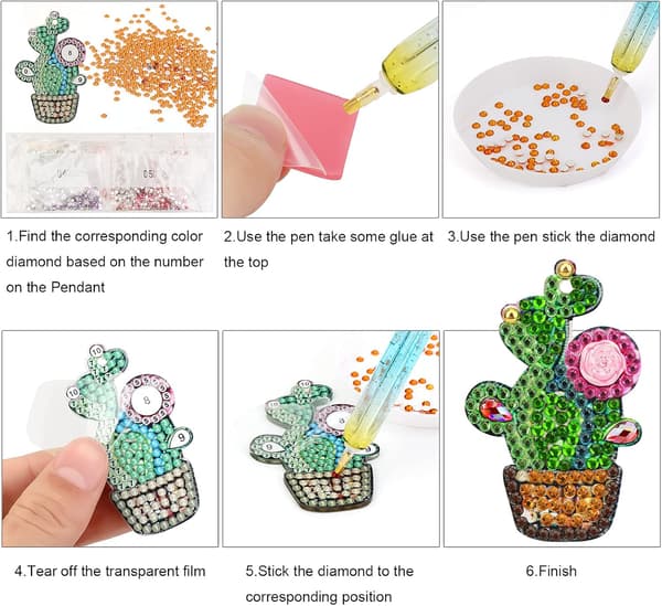 4 Stykker DIY 5D Kaktus Diamantmaleri Nøgleringe, DIY Rhinestone