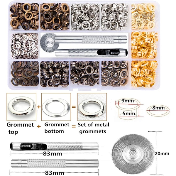 Metall Öglett Kit 3/16 tum 400 st Öglett Öglor Set med 3 st Installationsverktyg Kit och Låda för Skor Kläder Hantverk Väska DIY Projekt 4 Färger