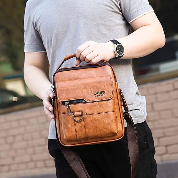 Miesten crossbody-olkalaukku, pieni vintage PU-nahkainen laukku, sivuttainen crossover-käsilaukku (ruskea)