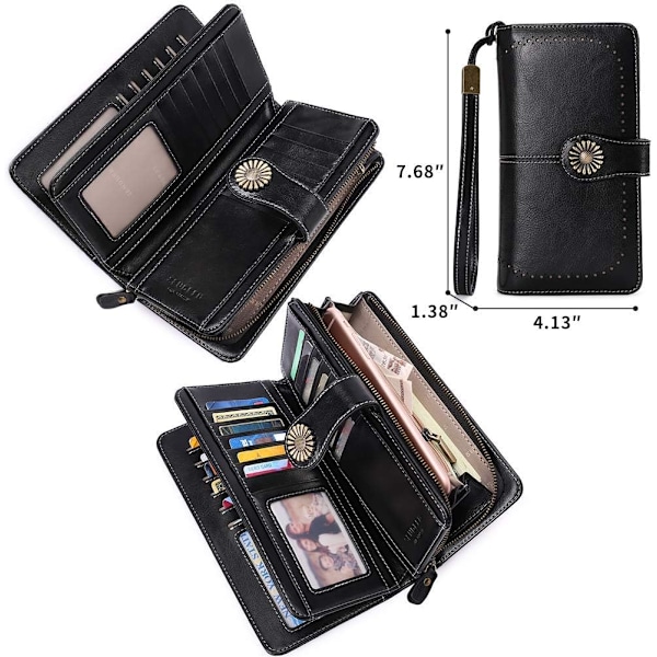 Damer RFID-blocker Plånbok Äkta Läder Clutch Plånbok Kortinnehavare Organizer Damväska (Svart)