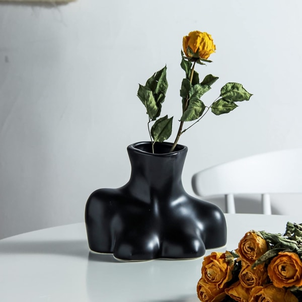 Blomster Vase, Kropsformet Blomster Vase, Sort Glans Keramik Vase, ZQKLA